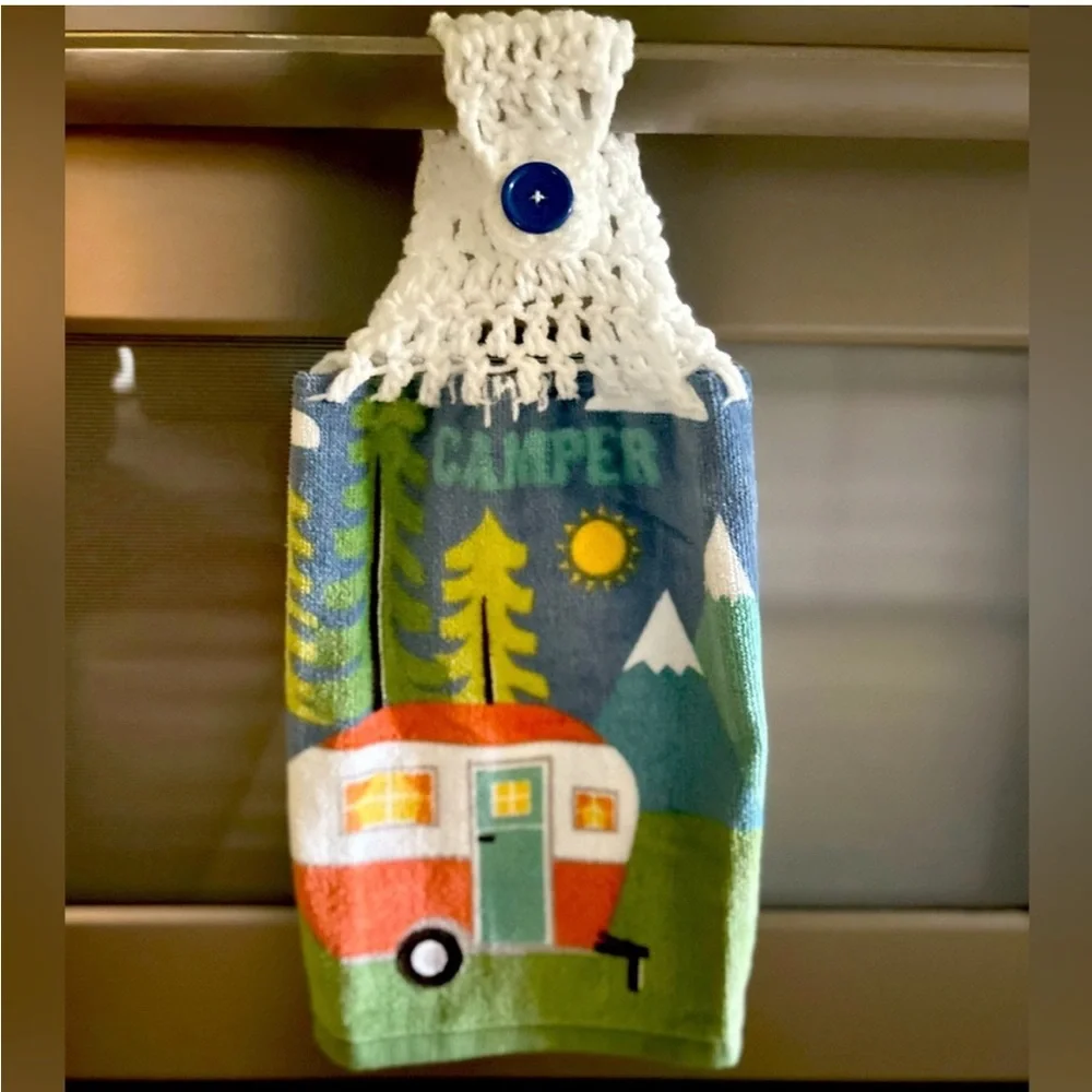 Hand Crafted Colorful Outdoor Camper Hanging Hand Towel Crochet Top